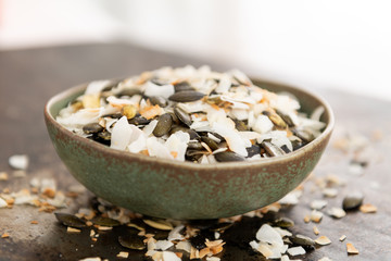 Simple Snack Mix of Roasted pumpkinSeeds and Coconut Flakes