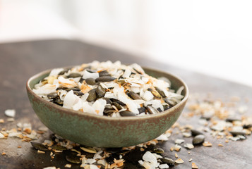 Simple Snack Mix of Roasted pumpkinSeeds and Coconut Flakes