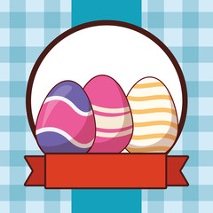 Easter eggs colorful painted checkered background round frame ribbon banner