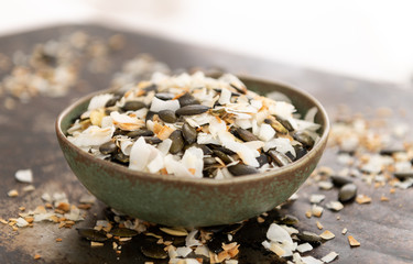 Simple Snack Mix of Roasted pumpkinSeeds and Coconut Flakes