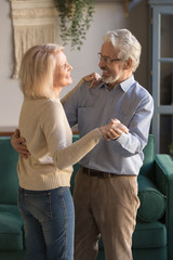 Fototapeta premium Vertical photo, mature loving couple, wife and husband dancing at home