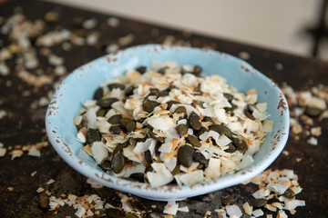 Simple Snack Mix of Roasted pumpkinSeeds and Coconut Flakes