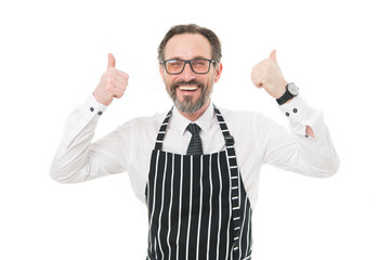 Coffee shop concept. Mature guy coworkers wanted. Experienced barista looking for colleagues. Join our cafe team. Hiring staff. Bearded man barista show thumbs up. Barista in apron informing