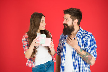 Celebrate fathers day. Family values concept. Friendly relations. Father and his daughter. Gift...