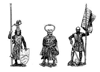 Medieval knights illustration. Set of 3 knights. Black and white drawing.