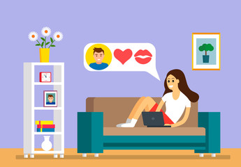Beautiful young girl sitting on the couch with a laptop in online love correspondence. concept of online dating and dating blindly.. vector illustration