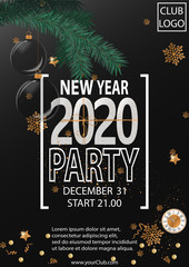 New Year 2020 party invitation with christmas balls.