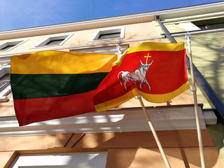 Lithuania and Kaunas city flag on the builind wall