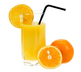 Glass of fresh orange juice with sliced oranges on white background.