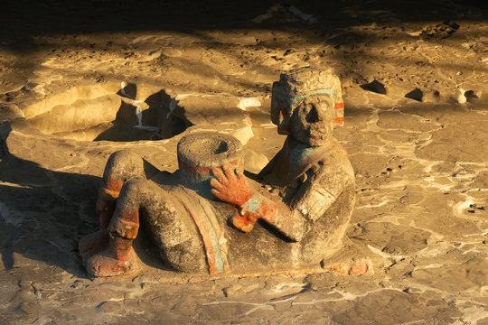 A chacmool, a type of pre-Columbian Mesoamerican sculpture, at the Templo Mayor (Greater Temple) archaeological site in Mexico City, Mexico. 