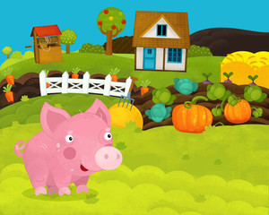 Obraz na płótnie Canvas cartoon happy and funny farm scene with happy and funny pig - illustration for children