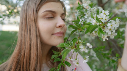 Naklejka premium Young beautiful woman smells blooming sakura. Spring woman in cherry flower bloom. Happy mothers day or happy woman day. Outdoor lifestyle. Freedom concept
