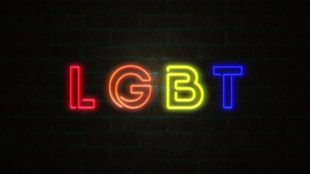 The word LGBT in neon text flickering on brick wall. LGBT theme background
