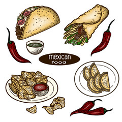 Vector hand drawn color set of Mexican national food.Burrito, nachos, guacamole, salsa, empanadas, tacos and chili paper in the engraving style.
