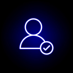 user, check mark icon in neon style. Can be used for web, logo, mobile app, UI, UX