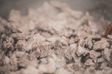 Home-made pork stew in pan, close up. Matte toning technique