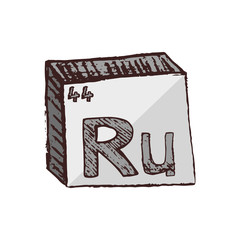 Vector three-dimensional hand drawn chemical gray-white symbol of metal ruthenium with an abbreviation Ru from the periodic table of the elements isolated on a white background.
