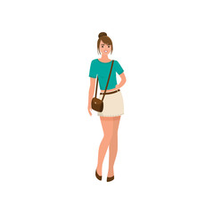 Fototapeta premium Cute young smiling girl in white skirt and green clothes