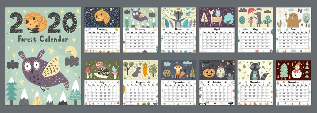 Forest calendar for 2020 year. Printable planner of 12 months with cute animals. Week starts on Sunday, 8,5x11 inches size. Vector illustration