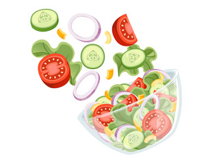 Vegetables salad recipe. Salad fall to transparent bowl. Fresh vegetables cartoon icon design food. Flat vector illustration isolated on white background