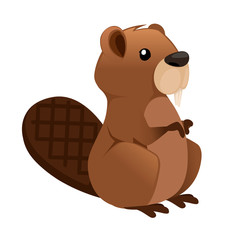 Cute brown beaver sitting. Cartoon character design. North American beaver Castor canadensis. Rodentia mammals. Happy animal. Flat vector illustration isolated on white background. Front view © Alfmaler