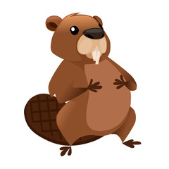 Cute brown beaver sitting with hands on the stomach. Cartoon character design. North American beaver Castor canadensis. Rodentia mammals. Flat vector illustration isolated on white background