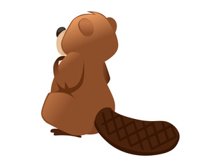Cute brown beaver sitting. Cartoon character design. North American beaver Castor canadensis. Rodentia mammals. Happy animal. Flat vector illustration isolated on white background. Back view © Alfmaler
