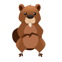 Cute brown beaver sitting. Cartoon character design. North American beaver Castor canadensis. Rodentia mammals. Happy animal. Flat vector illustration isolated on white background. Front view