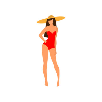 Sexy woman with beach hat and red colorful swimsuit