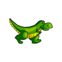 Cute colorful green dinosaur running away from zoo