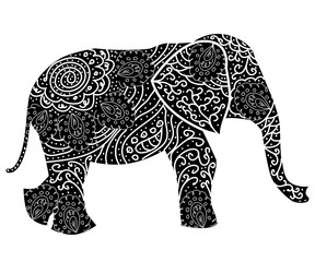 Stylized fantasy patterned elephant. Hand drawn illustration