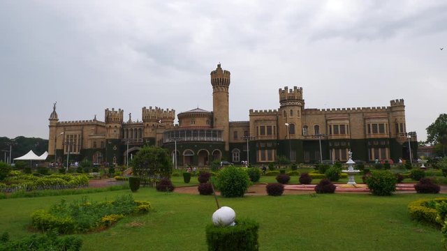 day time famous bangalore city palace front garden slow motion panorama 4k india