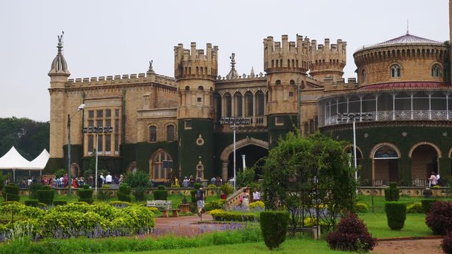 day time famous bangalore city palace front garden slow motion panorama 4k india