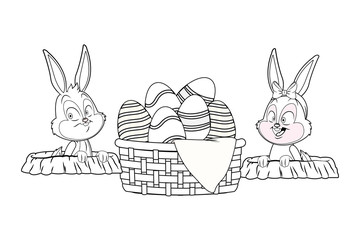 Cute easter bunny happy friends rabbit hole black and white