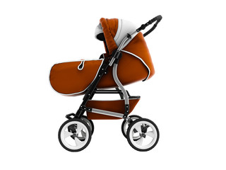 Modern orange baby stroller transformer all-season 3d render on white background no shadow