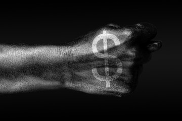 On a hand with a drawn dollar sign, a fig is depicted, a sign of aggression, disagreement,...