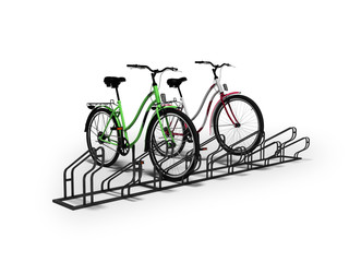 Obraz na płótnie Canvas Two bicycles with bicycle stop 3D render on white background with shadow