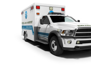 Ambulance with blue accents 3d render on white background with shadow