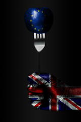 A hand with a drawn Great Britain flag holds a fork, on which is a ball with a drawn EU flag, a...