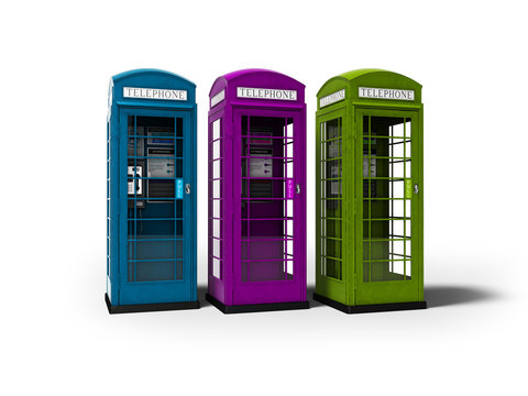 Three telephone booths for talking for money 3d render on white background with shadow