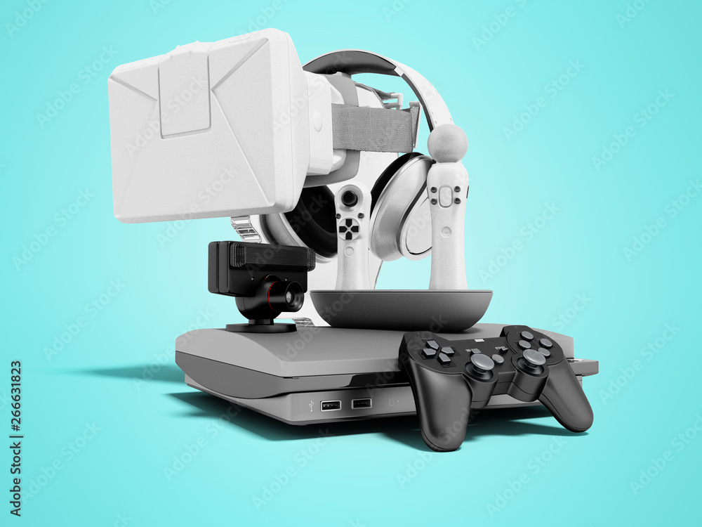 Poster group of game consoles for entertainment 3d render on blue background with shadow