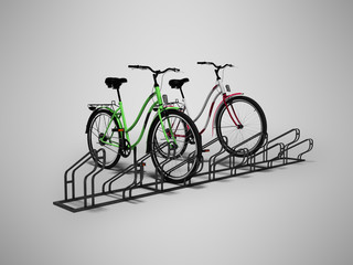 Obraz na płótnie Canvas Two bicycles with bicycle stop 3D render on gray background with shadow