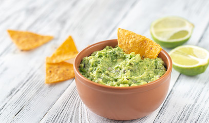 Bowl of guacamole with tortilla chips