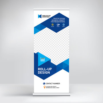 Banner design roll-up, creative stand template for exhibitions, conferences, presentations and advertising. Geometric blue background
