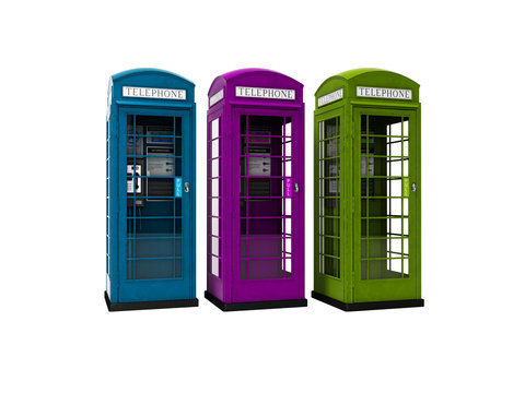 Three telephone booths for talking for money 3d render on white background no shadow