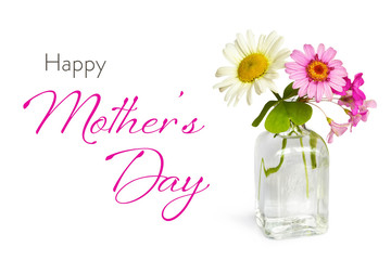 Happy Mothers Day card with spring flowers in vase isolated on white background