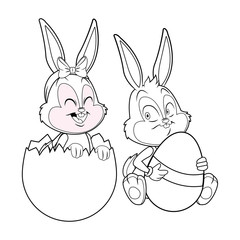 Cute easter bunny happy friends cracked egg black and white