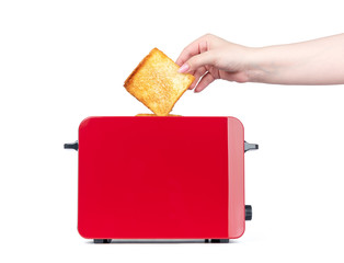 Red toaster with toasted bread. Hands girl pulls out ready toasts. Isolated on white background....