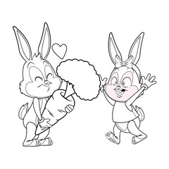 Cute easter bunny happy friends with carrot black and white