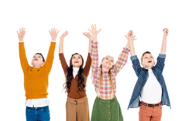 cheerful schoolchildren with outstretched hands Isolated On White